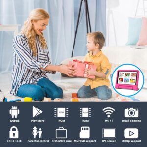 FACETEL Tablet Bambini 8 Pollici in rosa, progettato per l'apprendimento e il gioco sicuro