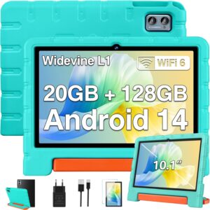 ZIOVO Tablet 10 Pollici Android 14 per Bambini, colore verde, con case EVA e caratteristiche potenti come 20GB di RAM e 128GB di ROM.
