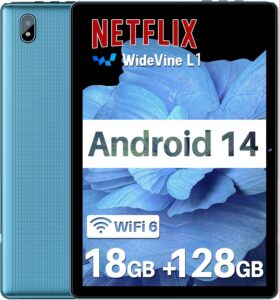 DMOAO Tablet 10 Pollici Android 14 con 18GB RAM e 128GB ROM in una custodia blu elegante