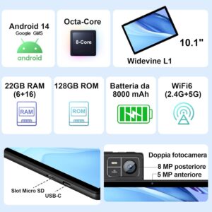 SUAAT Newest Tablet Android 14 con schermo da 10 pollici, 22GB di RAM e 128GB di memoria, perfetto per lavoro e intrattenimento