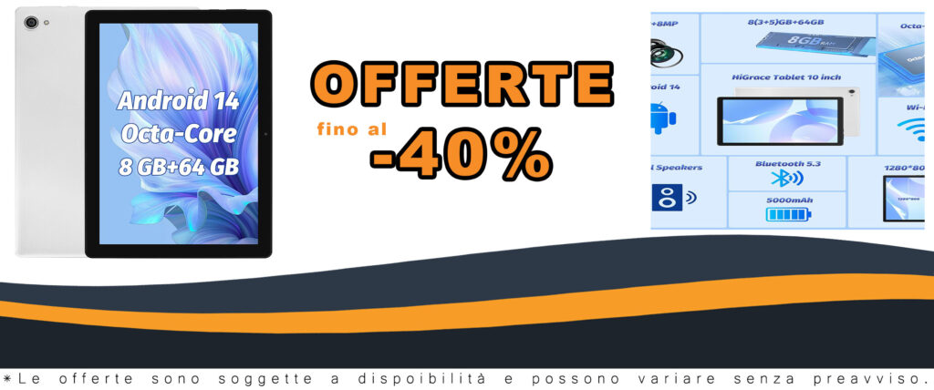 Tablet Android 14 da 10 pollici con display HD, 8 GB di RAM e processore Octa-Core, ideale per lavoro e intrattenimento.