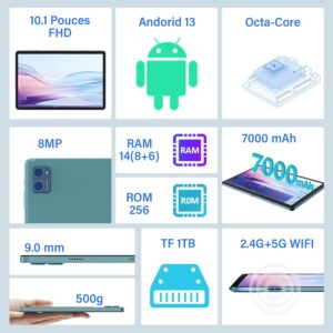 Tablet 10 Pollici Android 13 con display FHD, 14GB RAM, e 256GB di memoria, in offerta con WiFi 6 e 5G.
