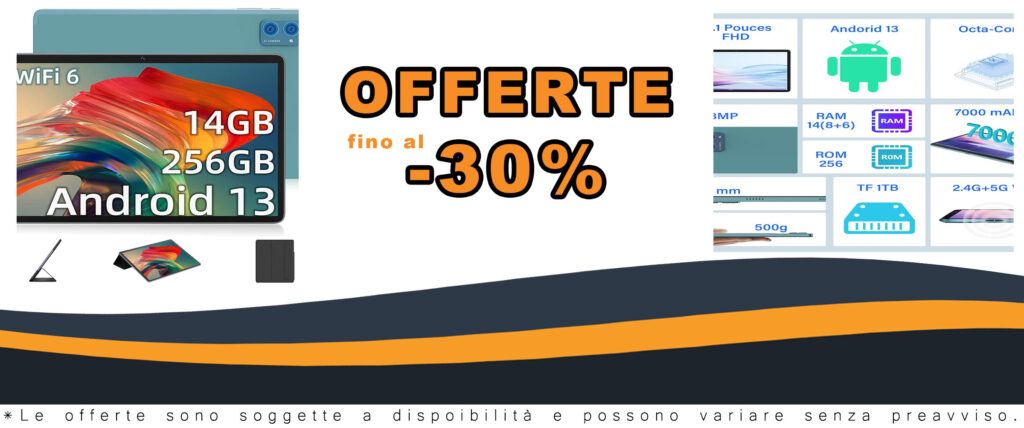 Tablet 10 Pollici Android 13 con display FHD, 14GB RAM, e 256GB di memoria, in offerta con WiFi 6 e 5G.