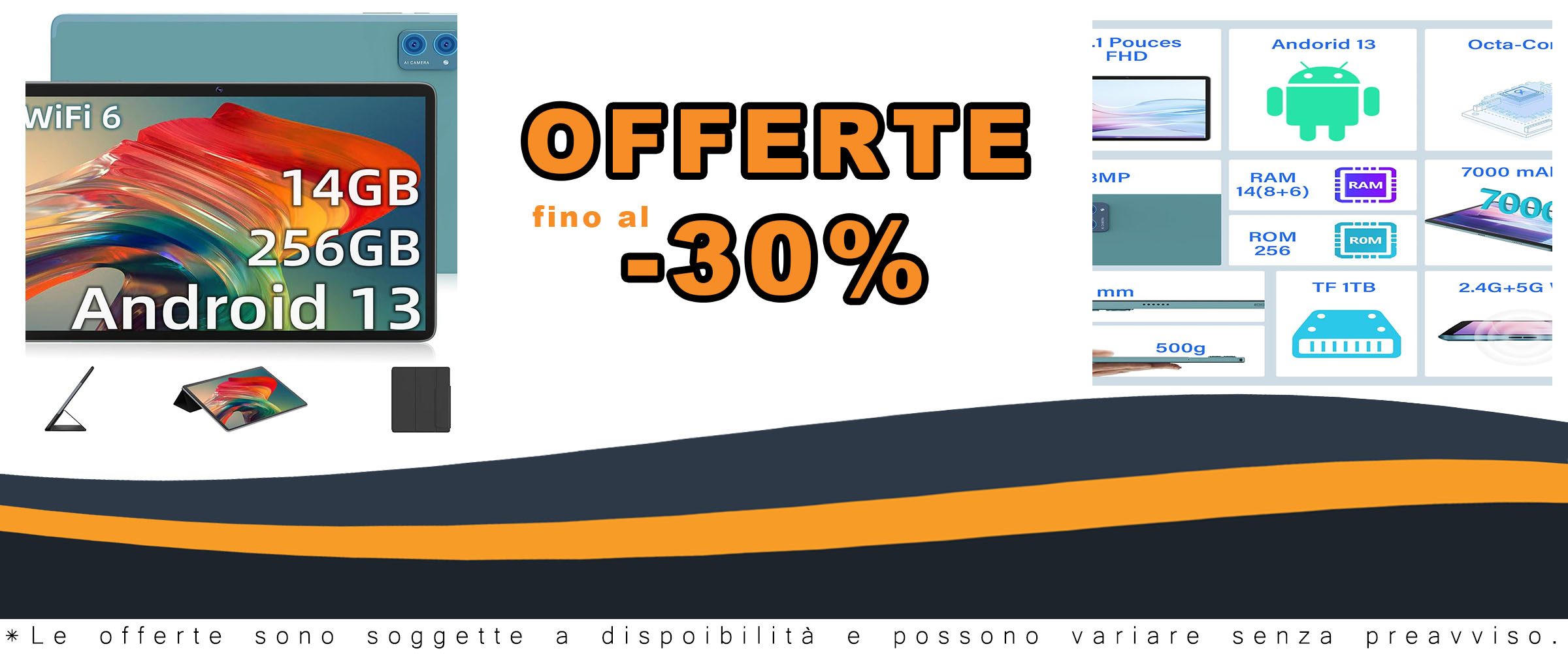 Tablet 10 Pollici Android 13 con display FHD, 14GB RAM, e 256GB di memoria, in offerta con WiFi 6 e 5G.
