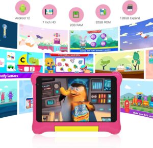Cheerjoy Tablet Bambini 7 pollici con custodia rosa, Android 12, controllo genitori e doppia fotocamera.