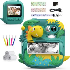 Bambino che scatta foto con la macchina fotografica istantanea CAMCLID verde a tema dinosauro