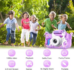 Bambino che scatta foto con una macchina fotografica a tema unicorno