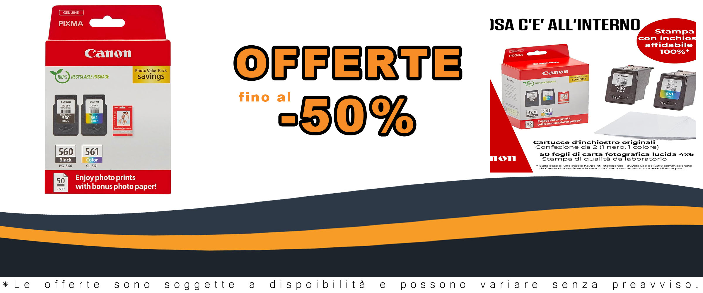 Cartucce d'inchiostro Canon PG-560/CL-561 su sfondo di carta fotografica