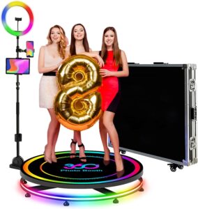 Macchina fotografica 360 per feste con luce ad anello RGB, custodia da volo e logo personalizzato