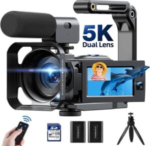 Videocamera Camcorder 5K 56MP con doppio obiettivo e 16X zoom digitale, ideale per vlogging e registrazioni su YouTube