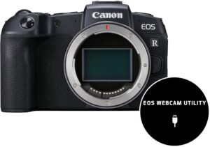 Canon EOS RP Mirrorless Full-Frame nera con display touchscreen orientabile, sensore da 26,2 MP e video 4K UHD.