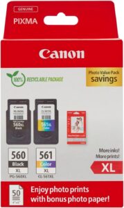 Canon Confezione Multipla Cartucce d'Inchiostro PG-560XL/CL-561XL e Carta Fotografica 4x6 (50 fogli) per stampanti Canon