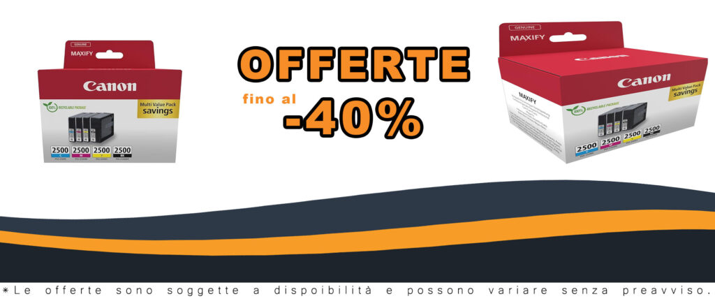Confezione da 4 cartucce Canon PGI-2500, nero, ciano, magenta e giallo, in cartone riciclabile.