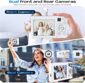 Macchina fotografica digitale Bofypoo 4K autofocus con doppia fotocamera e scheda da 32GB, colore bianco.