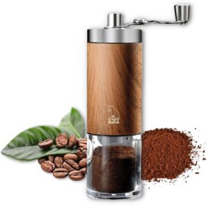 Macinacaffè manuale Capy Brew con meccanismo in ceramica, manico pieghevole e design effetto legno, ideale per espresso, moka e french press.