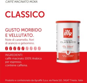 Illy Caffè Macinato per Moka Tostato CLASSICO in barattoli da 185 grammi, ideale per preparare un caffè aromatico e ricco.  