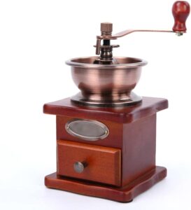 Immagine del macinacaffè manuale regolabile in legno vintage, ideale per caffè freschi in casa, cucina, ufficio e viaggi.