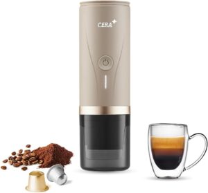 Macchina per caffè espresso portatile CERA+ con auto-riscaldamento e batteria ricaricabile, ideale per preparare caffè espresso ovunque