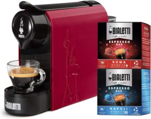 Bialetti Gioia, macchina caffè espresso rossa con 32 capsule incluse  