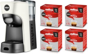 Lavazza A Modo Mio Macchina per Caffè Tiny Eco Bianca, compatta e ecologica con 64 capsule Qualità Rossa incluse.