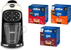 Lavazza A Modo Mio Deséa White Cream, macchina per caffè elegante con 88 capsule Crema e Gusto Assortite, perfetta per ogni amante del caffè.