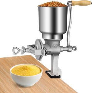 Macinacaffè manuale in acciaio inox con regolazione della macinatura, ideale per caffè, mais, noci e erbe aromatiche.