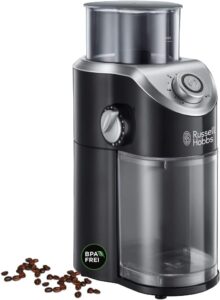 Macinacaffè Elettrico Russell Hobbs con impostazioni di macinatura variabili e design elegante, ideale per caffè, spezie e noci.