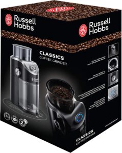 Macinacaffè Elettrico Russell Hobbs con impostazioni di macinatura variabili e design elegante, ideale per caffè, spezie e noci.