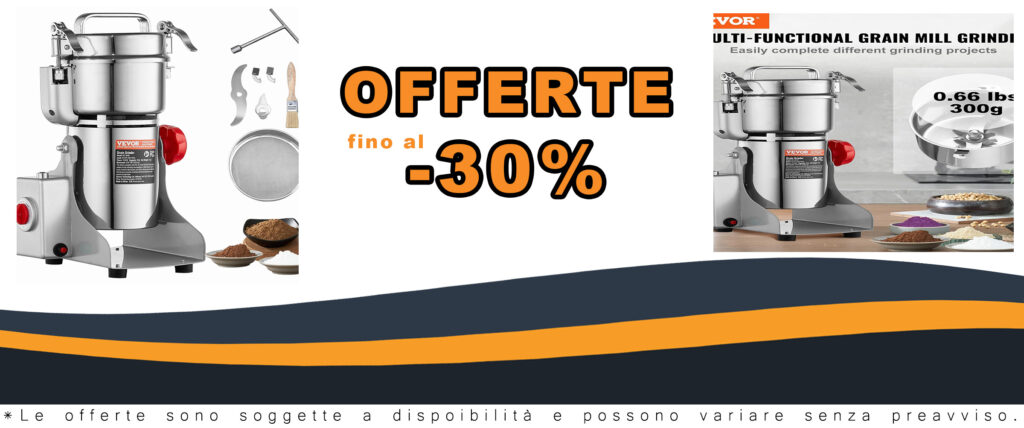 Mulino Elettrico per Cereali 300g in acciaio inox, ideale per macinare spezie, cereali, caffè e mais con una potenza di 1500W