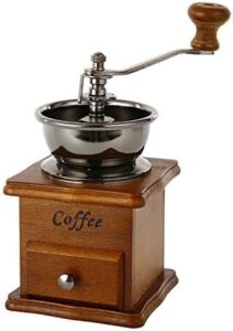 Macinacaffè manuale in ghisa con design retrò, cassetto in legno e manovella per una macinatura perfetta.