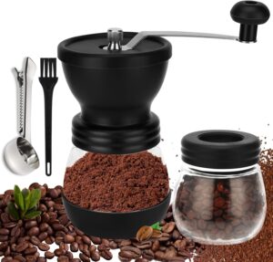 Royouzi Macina Caffè Manuale in acciaio inox con maniglia ergonomica, barattoli di vetro e spazzola per la pulizia.