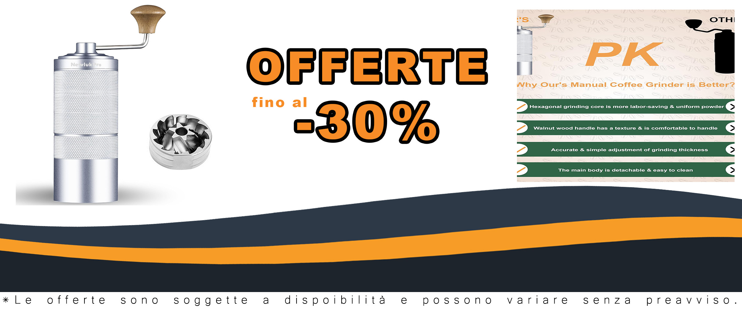 NewlukPro Macinacaffè manuale M6, con design elegante, nucleo esagonale affilato e manico in noce per una macinatura perfetta.