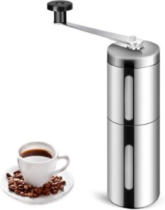 Macinacaffè manuale portatile in acciaio inox, ideale per casa, ufficio e viaggi, con regolazione macinatura per caffè perfetto.