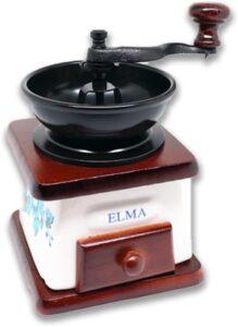 Macinacaffè manuale in ceramica ELMA con design retrò e manovella in legno scuro, ideale per un caffè fresco e aromatico.