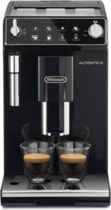 De'Longhi Autentica Perfetto ETAM29.510.B, macchina da caffè automatica nera, vista frontale con caffè in grani