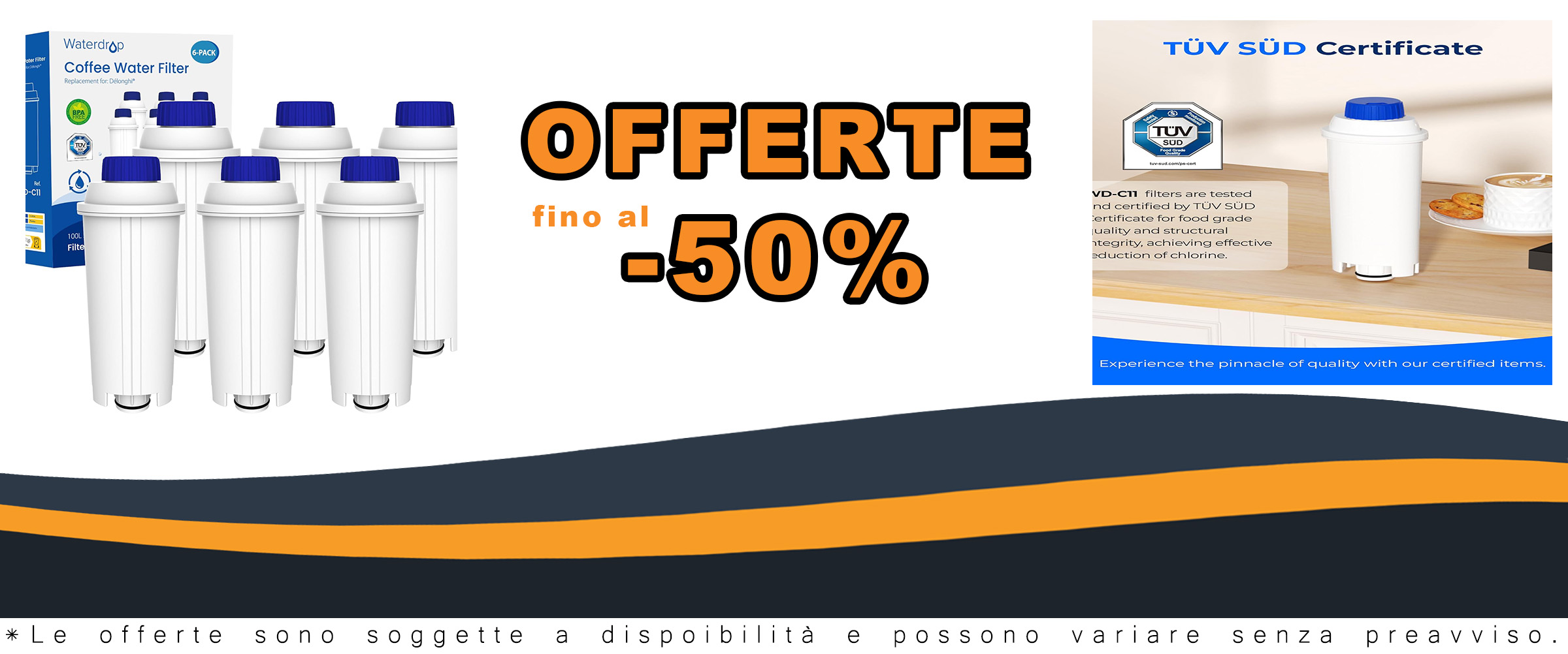 Filtro acqua Waterdrop certificato TÜV SÜD per macchine da caffè De'Longhi, perfetto per migliorare la qualità dell'acqua e il sapore del caffè.