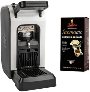 Macchina a cialde Spinel “Ciao” di Caffè Barbera con 18 cialde compostabili Aromagic, ideale per gli amanti del caffè.