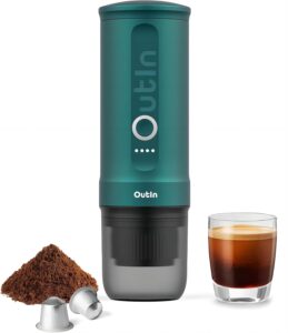 Outin Nano macchina da caffè espresso portatile, compatibile con caffè macinato e capsule NS, perfetta per viaggi e campeggio.
