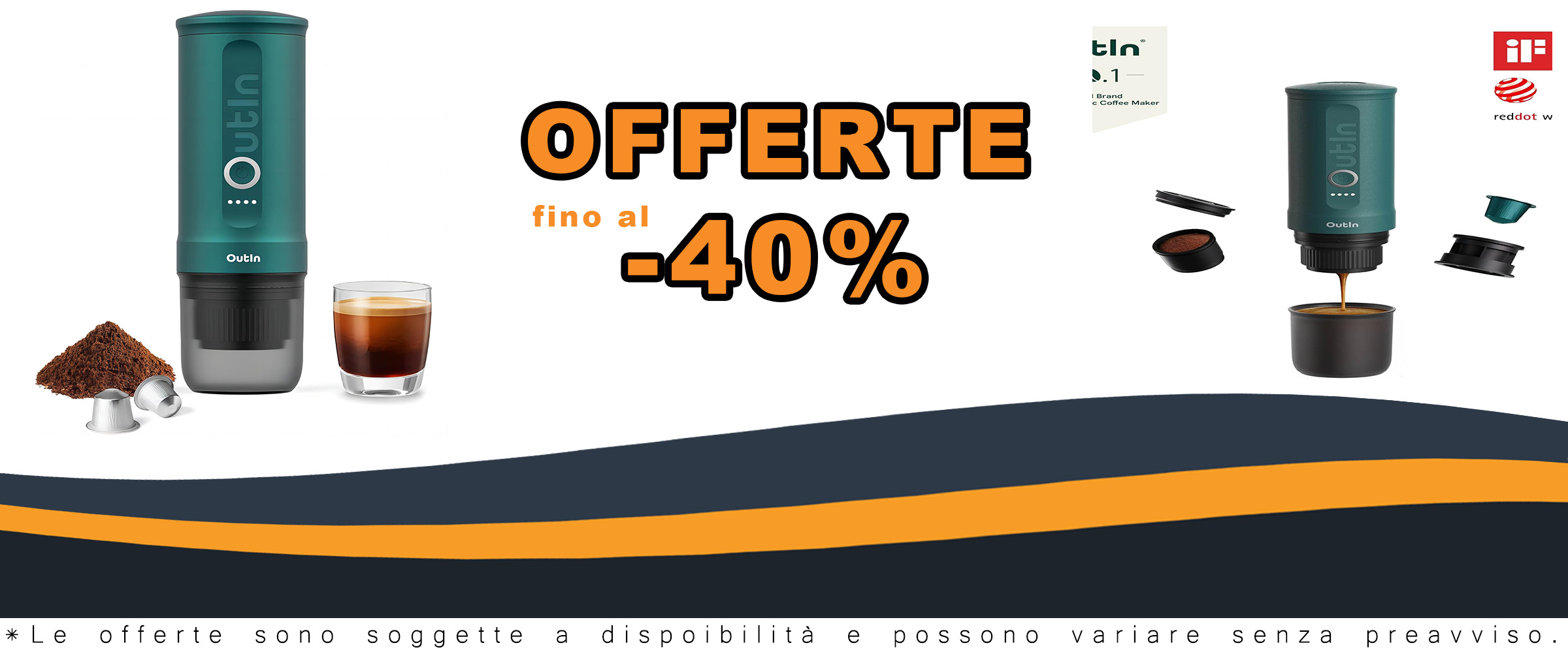 Outin Nano macchina da caffè espresso portatile, compatibile con caffè macinato e capsule NS, perfetta per viaggi e campeggio.