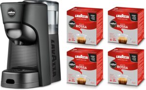 Lavazza A Modo Mio Tiny Eco Nera, una macchina per espresso ecologica con design compatto e 64 capsule di caffè Qualità Rossa incluse