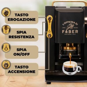 Faber Coffee Machines Modello Pro Deluxe in mat black con rifiniture ottonato e pressacialda regolabile