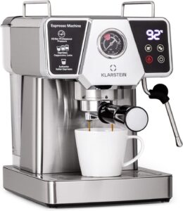 Klarstein Macchinetta Caffè Espresso 1.8 L in acciaio inox con montalatte e piedini antiscivolo, perfetta per caffè espresso, cappuccino e caffè macinato.