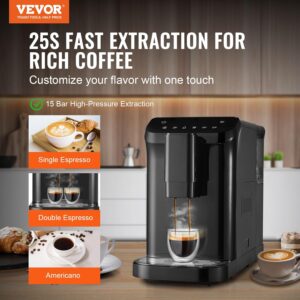 VEVOR Macchina Caffè Espresso Automatica, con macinacaffè integrato e pressione a 15 bar, perfetta per un espresso come al bar