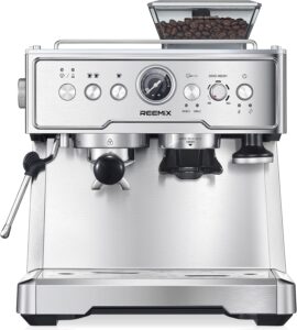Macchina per caffè espresso Reemix con macinino integrato, montalatte e serbatoio grande da 2,8 litri, in acciaio inox