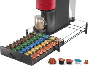 Portacapsule HFHOME in vetro trasparente, perfetto per 50 capsule Nespresso Vertuo o Dolce Gusto, con design elegante e funzionale.