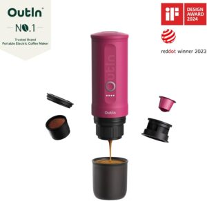 Outin Nano Macchina da Caffè Espresso Portatile, compatta e perfetta per viaggi e campeggio, con USB-C e compatibile con caffè macinato e capsule NS.