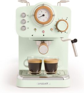 Caffettiera Express Semiautomatica CREATE / THERA RETRO con design verde opaco e legno, perfetta per un caffè espresso di qualità.