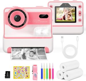 Euakee Macchina Fotografica Bambini Istantanea Rosa con 32GB di memoria e funzionalità di stampa immediata