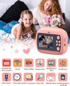 Fotocamera per bambini con stampa istantanea, ideale per ragazzi e ragazze di età 3-12 anni, con foto 1080p.
