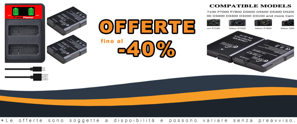 Batteria Pickle Power EN-EL14/EN-EL14a con caricatore LED dual per fotocamere Nikon